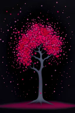 Painting of a slender Sakura tree suspended in the air, in isolation, falling petals like fine splatters, night cosmic background, atmospheric, dream like, minimalistic, fine details