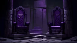 Two tall thrones made of stone with a deep purple cushion rest on a stone dais within a dim room carved out of stone.