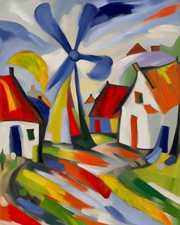 A white village with windmills in a windstorm painted by Alexej von Jawlensky