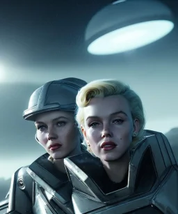 Ultra Realistic retro sci-fi scene, portrait, 2 blonde woman clones, sweet young Marilyn Monroe face, perfect iris, tight latex coat, helmet, Strange planet background. Spaceship, fog, rain, soft color, highly detailed, unreal engine 5, ray tracing, RTX, lumen lighting, ultra detail, volumetric lighting, 3d, finely drawn, high definition, high resolution.