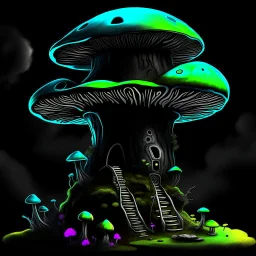 A fantabulous black, lime, and cyan (((mushroom tower house))) erected atop a (geologic pillar), surrounded by the uncanny imaginative ((( swirling skies))), offset by the stark hues of a (neon-tinged nebulous space scape), within. captured by the hand a skilled master painter with a focus on (softly blurred compositions and voluminous lighting).