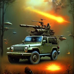 vietnam war. war report. jeep in jungle. poster. bokeh. lens flare. warm lights. high detailed. beksinski