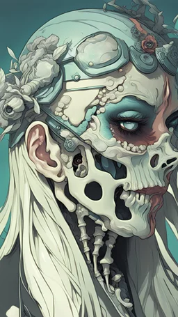 a close up of a person with a skull on their head, anime skull portrait woman, scary detailed art in color, hiroyuki-mitsume takahashi, nychos art aesthetic, half woman half skeleton, anime cyberpunk art, colored manga art, rossdraws pastel vibrant, cold colors. insanely detailed, beautiful anime portrait, stunning anime face portrait, scary art in color