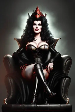 painting of lisa ann as evil queen in black leather, using a man as an armchair, leather, angry, stern look, volumetric lighting, particales,highly detailed,cinematic, deep colours,8