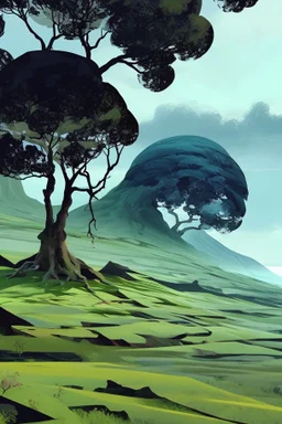 Beautiful landscape with trees, earth opens up and breaks down in black polygons.