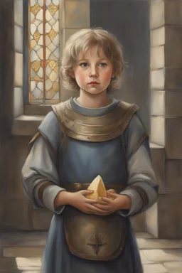 Portrait Art **Featured Art:** Joan, the Philanthropist: A more intimate approach. Joan's armor is replaced by simple garments. She kneels, handing a crust of bread to a child laborer. Her eyes reflect both strength and deep compassion. **Appearance:** evocative portrait concepts of Joan of Arc (an French female / women patron saint of France, honored as a defender of the French nation for her role in the siege of Orléans and her insistence on the coronation of Charles VII of France during the H