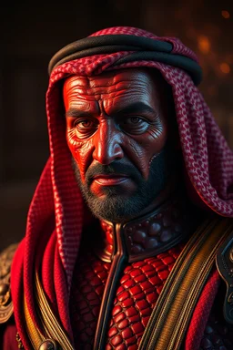 President Al saddat , red skin, scales, unreal engine 6, high detail, intricate, cinematic. photoshoot style, intricate, studio lighting, masterpiece , highly detailed, 8k, best quality, fire, smoke, dramatic,d,<lora:mshn:0.7>,<lyco:Warrior_Couture:0.5>,