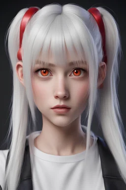 realistic 4k, white hair bangs , high piggy tails, red eyes, 20 year old