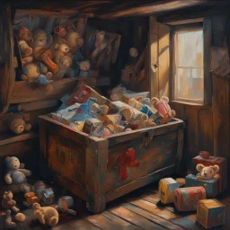 impressionist painting of an antique toy box filled with vintage toys in corner of a dark attic, weathered wood, by Atelier Olschinsky and Ted McKeever, large brush strokes, nostalgic, moody, opulent shadows, cobwebs, solid line work, maudlin, sad limp teddy bear