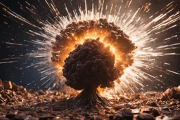 Atomic explosion, made of chocolate, ULTRA REALISTIC, details, intricate detail, professional lighting, film lighting, 35mm, anamorphic, lightroom, cinematography, bokeh, lens flare, film grain, hdr10, 8k, Roger Deakins, incredibly detailed, reflect, sharpen