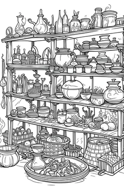 A witch's kitchen with shelves filled with potion ingredients and a bubbling cauldron. Outline, sketch style, only use outline, mandala style, clean line art, white background, no shadows, no clear wall, coloring page.