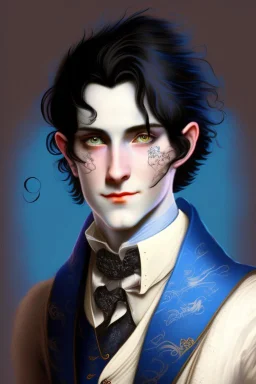 young black haired blue eyed dandy wizard in the style of beresford egan