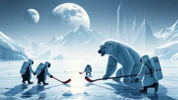 buster keaton as unstable polar growlar bear on the planet of Ceres, with some penguins with rocket backpacks smacking large pucks, adn playing hockey on frozen lake with astronauts, in front of ice megapolis