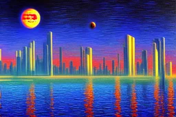 Science fiction Cyberpunk buildings, exoplanet, lake, impressionism painting