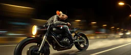 master oil painting by Rembrandt, good afternoon bitch scary hot seductive bug rat chess piece riding sports bike with motion blur and smeared lights in the night, stylistic poster, in the style of total recall, huge bug rat in the background