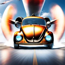 a high definition screen shot of a jet-fighter vw-beetle, retrofuturistic, phototrealism, in flight, one subject, should have wings with atleast one exposed jet on each wint or one coming throught thr front and center of the vehicle.