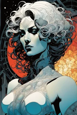 create an ethereal, otherworldly woman, her body formed utilizing sacred geometry, fractals, reoccurring patterns in the comic book art style of Mike Mignola, Bill Sienkiewicz, and Jean Giraud Moebius, with highly detailed and finely inked facial features , dramatic natural lighting