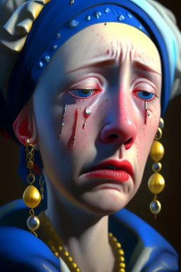 Portrait Painting Of A Very Beautiful Woman, crying eyes, Girl with a Pearl Earring, 30 years old, Awesome Pose, turning her head., Tears in his eyes, Character Design By Mark Ryden And Pixar And Hayao Miyazaki, Unreal 5, Daz, Hyperrealistic, Octane Render, Dynamic Lighting, Volumetric lighting, Intricate Detail, Summer Vibrancy, Cinematic