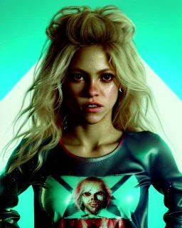 portrait, Shakira, blonde artist, angry, Realistic image, boxing robe, hoodie, mouthguard, nose band aid, loose long hair, eyes make up, perfect, glow, circle iris. Rain, fog, Neon colors, leds, geometric shapes. Dark background, photo studio, neon lights. concept art, smooth, unreal engine 5, god lights, ray tracing, RTX, lumen lighting, ultra detail, volumetric lighting, 3d, finely drawn, high definition, 4k.