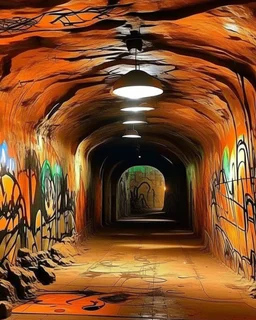 A tan underground cavern in graffiti art style painted by Guo Xi