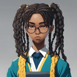 Black anime character, androgynous, light brown skin, yellow eyes, box braids, split teal and black hair, blue school uniform, round glasses, grumpy expression