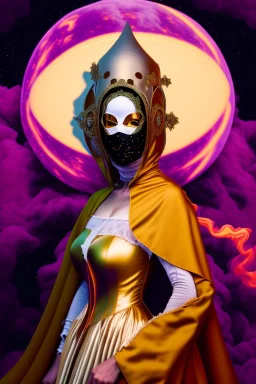 Planet Venus portrayed as a masked woman wearing medieval robes, her mask is smooth and beautiful, her sihlouette is engulfed in sulfuric vapor and translucid fire