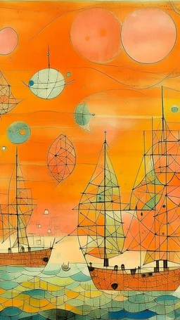 A light rosy orange colored bay with pirate ships and crystals painted by Paul Klee