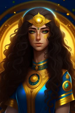 egypt fantasy girl with long curly hair and citrine eyes wearing in cosmic uniform