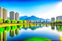 Sunny day, distant modern city, lake, lake reflections, people, mountains