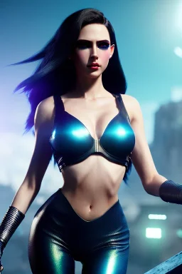 Futuristic fantasy character, portrait from waist up, pale skin, latex and leather attire, blue eyes, multicolor hair, intricate eyeliner, vibrant eyeshadow, clear completion, soft lighting, 4k resolution, intricate details, insanely detailed, colorful cityscape background, masterpiece, expert, cinematic smooth, retroanime style, realistic details, no helmet