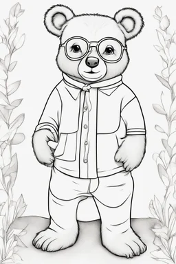 Outline art for cute coloring pages with bear with glasses, full body, white background, sketch style, only use outline, clean line art, no shadows and clear and well outlined.