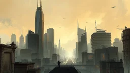 fantasy, A detailed sketch of a large city skyline with tall skyscrapers, office buildings, and a busy urban landscape, adventure core, soft and dreamy depictions, epic eerie