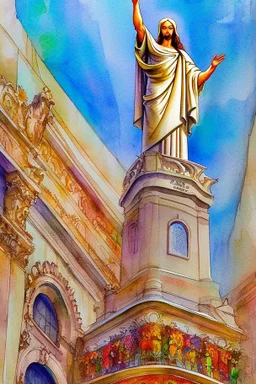 Rio de Janeiro with the Christ Statue watercolor and ink, intricate details, fantasy, beautiful, award winning, colorful, fantastic view, crisp quality, in sunshine