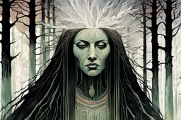 create a wildly abstract expressionist lithographic print of a ghostly tribal druid priestess, with highly detailed, delicate feminine facial features, inhabiting a foggy, ethereal Northern forest of ancient hemlocks, in the comic book style of Jean Giraud Moebius, David Hoskins, and Enki Bilal, precisely drawn, sharply defined, boldly inked, in the pale colors of the midnight moon