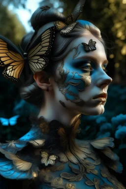 Black baroque light blue gradient butterfly dress ona woman portrait, baroque style, garden background golden organic bio spinal ribbed detail of dust makeup on face extremly textured hyperrealistic maximálist ornate conceptart