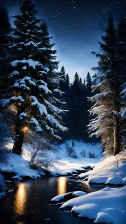 christmas time,photo of a snowy fir forest, midnight hour,fireflies,riverside,Dramatic scene,splash color,