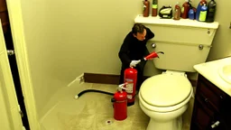 man sprays fire extinguisher all over bathroom