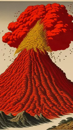 A red fiery volcano made out of cinder painted by Katsushika Hokusai