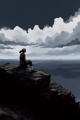 Ilustration of a woman sitting on the edge of a cliff, with a dark and cloudy sky in the background