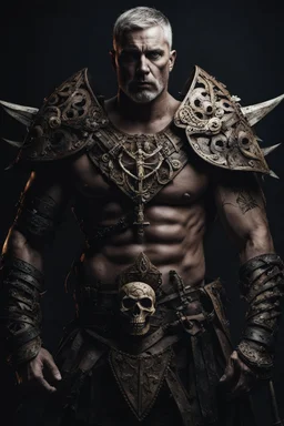 an insane warrior with his chest made of bones. dark horror setting.