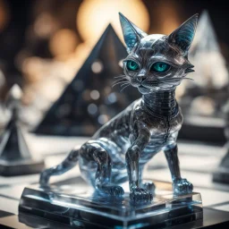 giger escher cat kobold on pyramid sculpture in transparent murano glass,bokeh like f/0.8, tilt-shift lens 8k, high detail, smooth render, down-light, unreal engine,bokeh like f/0.8, tilt-shift lens 8k, high detail, smooth render, down-light, unreal engine