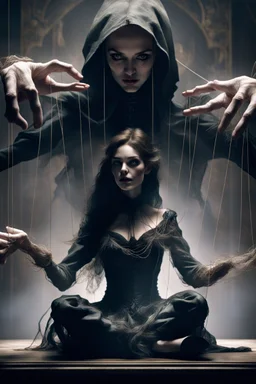 A dramatic digital mage of a woman seated on a table,facing to the front ,she is connected to string like a puppet, arms in air, moved by the strings, puppet like features in the face, beautiful face, behind her also facing the front is the puppet master,is a huge image of a man holding the strings, creepy gothic character,.zoomed in, dark and shadowy background with selective lighting on the woman, gothic and chaotic