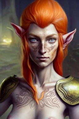 portrait painting of an elven young woman with short light orange hair and freckles and tree tattoos on his cheekbones light armor, full body, ultra realistic, concept art, intricate details, eerie, highly detailed, photorealistic, octane render, 8 k, unreal engine. art by artgerm and greg rutkowski and charlie bowater and magali villeneuve and alphonse mucha