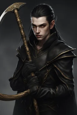 a young elven warrior, with golden eyes, long black braid, dressed in black leather, carrying a gigantic scythe