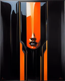 acrylic oil painting of a null liminal juxtaposition by arafed exaggeration, oversized parts, exaggerated head, excellent verticals, amazing reflections, obsidian black glass win vivid orange tint strokes