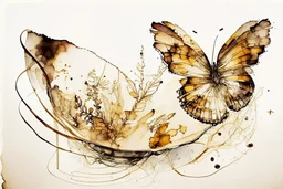 double exposure salad platter butterfly Jean Baptiste Monge watercolor and ink S<AI double exposure burned brown sepia colors abstract lines pastel colors golden glitter ink contours