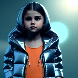 3d render, Selena Gomez toddler, full body, orange puffer jacket, dramatic lighting, volumetric lighting, concert background, hyper realistic, unreal engine 5, 8k, UHD,