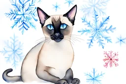 Xmas, siamese cat, watercolor, wet on wet, snowflakes, zentangle