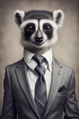 Lemur dressed in an elegant suit with a nice tie. Fashion portrait of an anthropomorphic animal posing with a charismatic human attitude