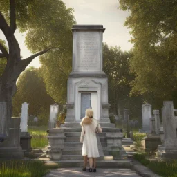 a couple walking in Père Lachaise cimetery in Paris, the woman has blonde hair and is wearing a white dress and is pointing something in the background, hyper-realistic style, cinematography, 4K